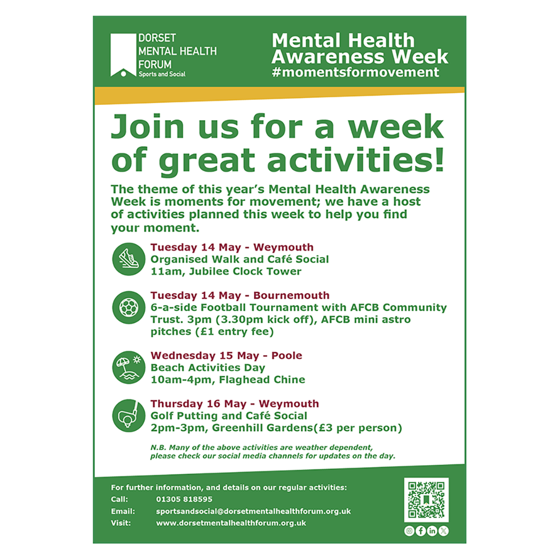 Poster of activities for mental health awareness week - sports and social